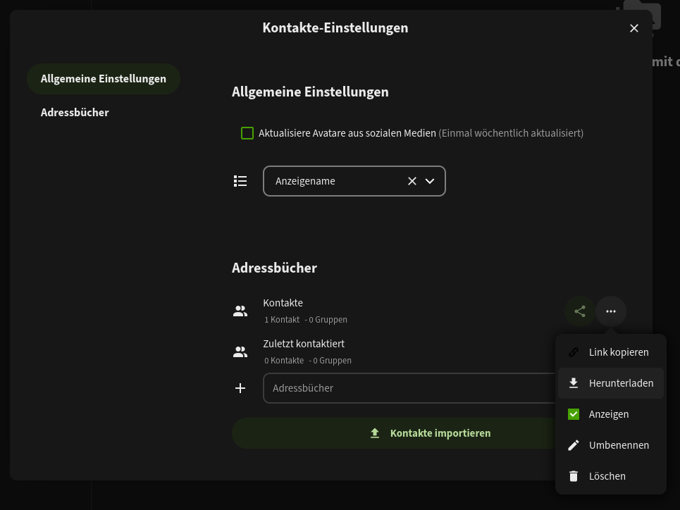 Kontakte-Einstellungen-Dialog einer Nextcloud mit offenem Drei-Punkte-Menü eines Adressbuches